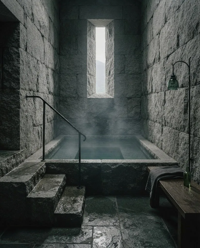 Artist's impression of a stone cold-water plunge with steps down into dark water