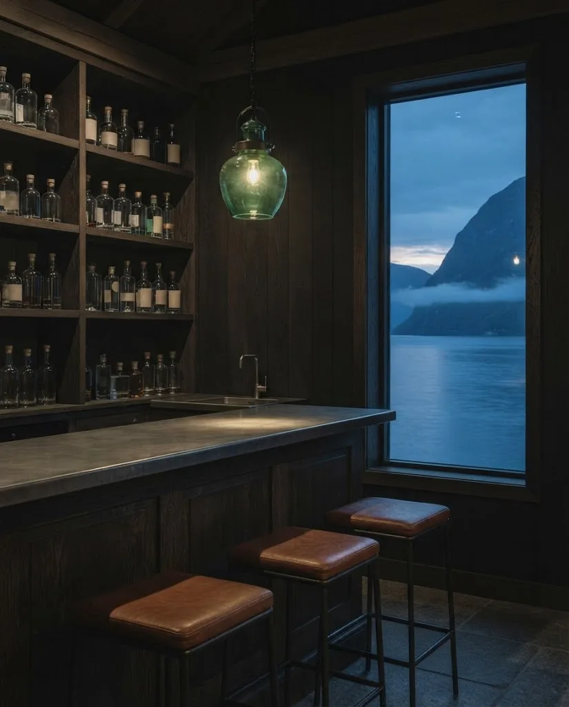 Artist's impression of the bar: dark oak, a pewter counter and bottles without labels