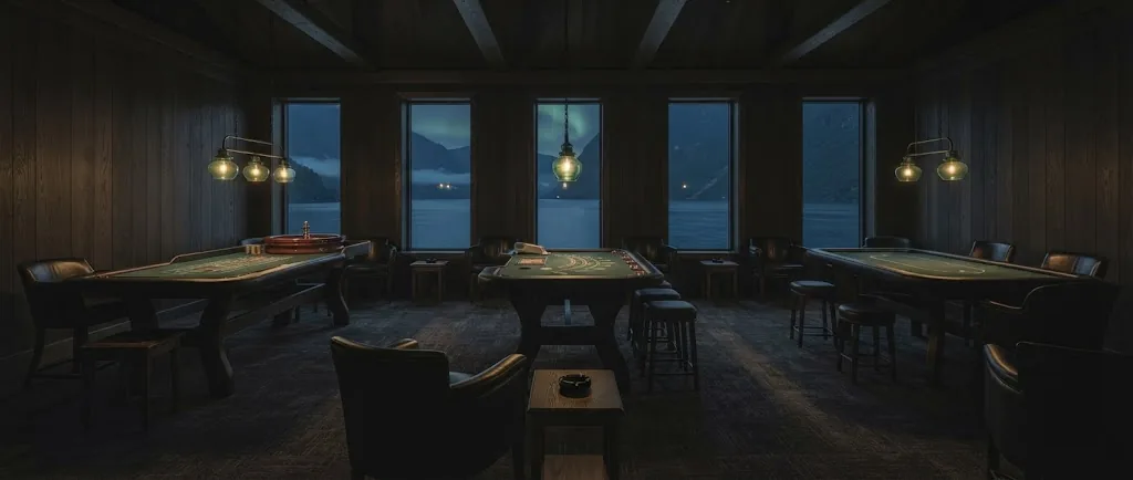 Artist's impression of the planned hotel casino lounge, with dark green felt tables, oak panelling and low lamps, empty of people