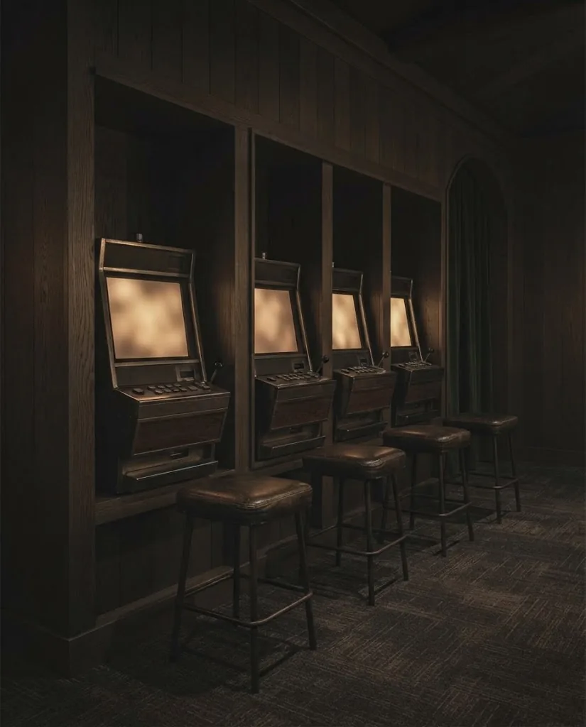 Artist's impression of restrained gaming machines set in oak niches, their screens glowing softly