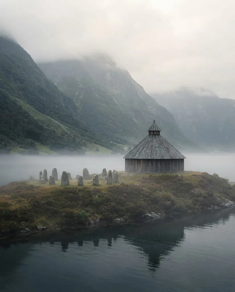 Artist's impression of the round timber assembly hall with a conical roof on the headland, beside a circle of old stones, mist over the water