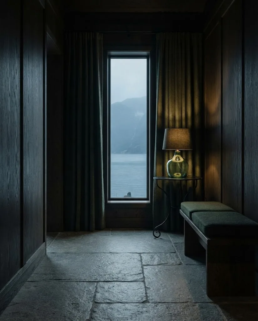 Artist's impression of the main hall interior: oak panelling, tall narrow windows onto the fjord and heavy wool curtains
