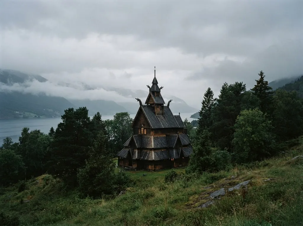 Artist's impression of a wooden stave church among trees