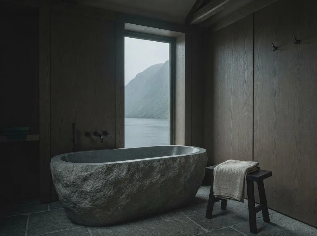 Artist's impression of the Lawspeaker Suite bath beside a window onto the fjord