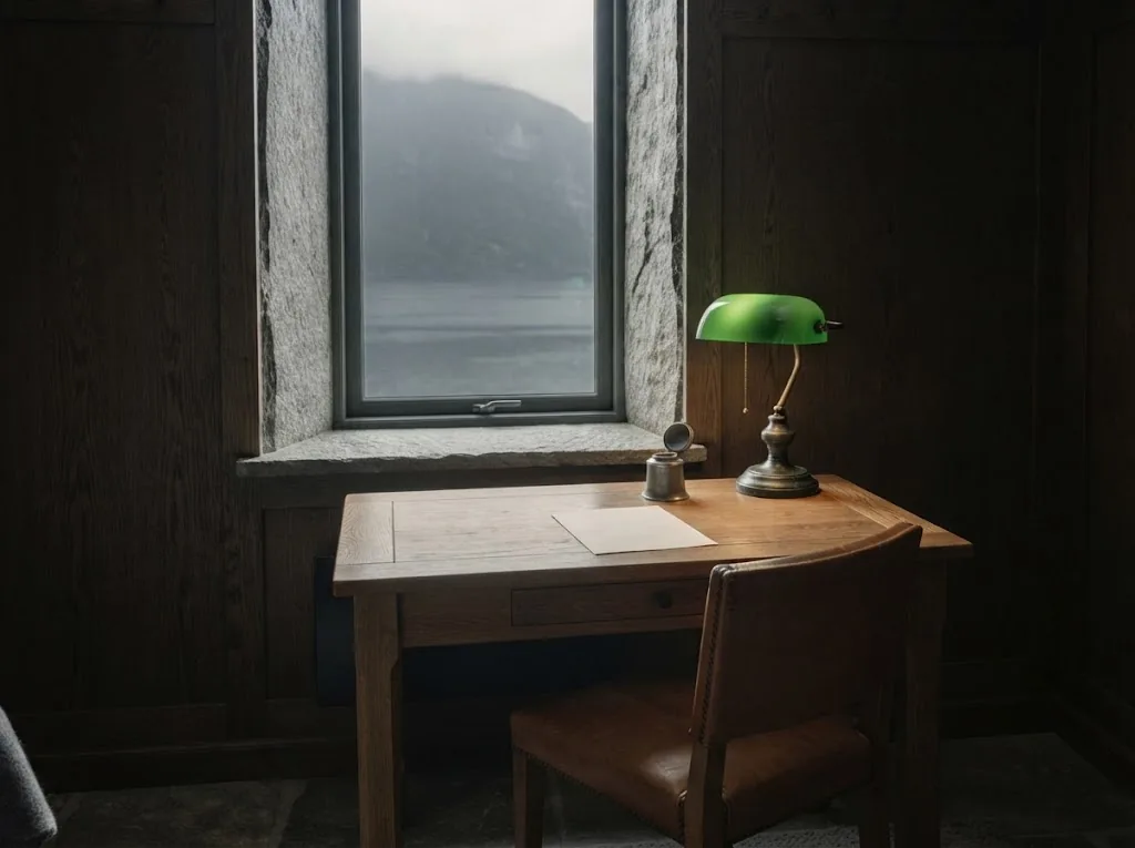 Artist's impression of the Scribe Room desk with a lamp and a plain inkwell