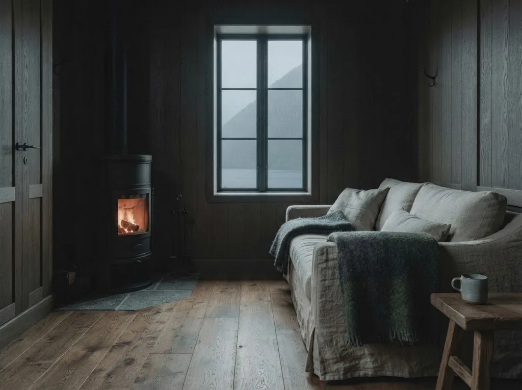 Artist's impression of the Seal House living room with a stove