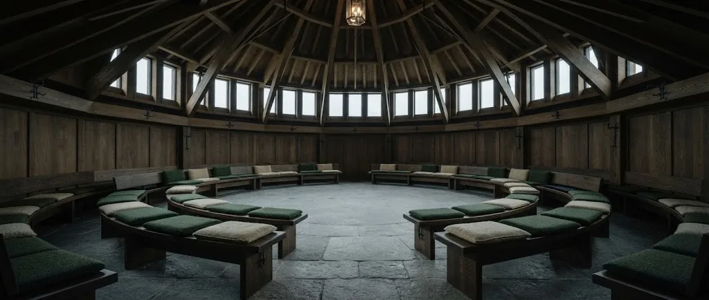 Artist's impression of the interior of the round assembly hall: timber benches in a circle, an open centre and a conical ceiling with soft light from above